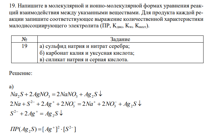 Напишите в молекулярной и ионно-молекулярной формах уравнения реакций взаимодействия между указанными веществами. Для продукта каждой реакции запишите соответствующее выражение количественной характеристики малодиссоциирующего электролита (ПР, Kдис, Kw, Kнест). 