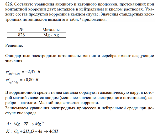 Составьте уравнения анодного и катодного процессов, протекающих при контактной коррозии двух металлов в нейтральном и кислом растворах. Укажите состав продуктов коррозии в каждом случае. Значения стандартных электродных потенциалов возьмите в табл.7 приложения. 