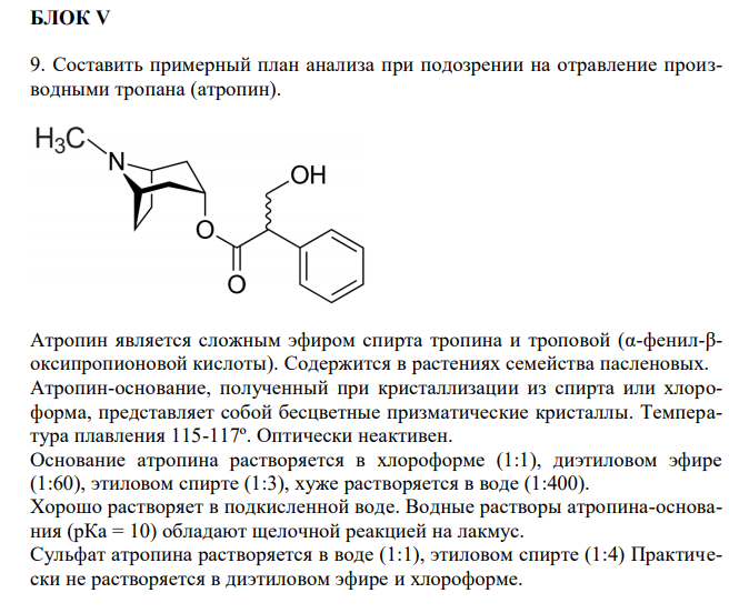 Составить примерный план анализа при подозрении на отравление производными тропана (атропин). 