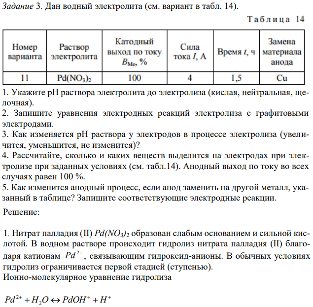 Дан водный электролита (см. вариант в табл. 14). 1. Укажите рН раствора электролита до электролиза (кислая, нейтральная, щелочная). 2. Запишите уравнения электродных реакций электролиза с графитовыми электродами. 3. Как изменяется рН раствора у электродов в процессе электролиза (увеличится, уменьшится, не изменится)? 4. Рассчитайте, сколько и каких веществ выделится на электродах при электролизе при заданных условиях (см. табл.14). Анодный выход по току во всех случаях равен 100 %. 5. Как изменится анодный процесс, если анод заменить на другой металл, указанный в таблице? Запишите соответствующие электродные реакции