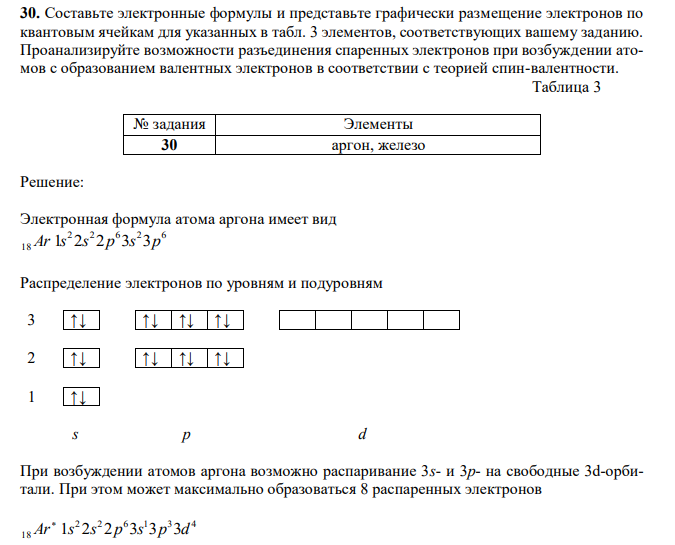 Составьте электронные формулы и представьте графически размещение электронов по квантовым ячейкам для указанных в табл. 3 элементов, соответствующих вашему заданию. Проанализируйте возможности разъединения спаренных электронов при возбуждении атомов с образованием валентных электронов в соответствии с теорией спин-валентности.  Таблица 3 № задания Элементы 30 аргон, железо 