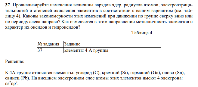 Проанализируйте изменения величины зарядов ядер, радиусов атомов, электроотрицательностей и степеней окисления элементов в соответствии с вашим вариантом (см. таблицу 4). Каковы закономерности этих изменений при движении по группе сверху вниз или по периоду слева направо? Как изменяется в этом направлении металличность элементов и характер их оксидов и гидроксидов?  Таблица 4 № задания Задание 37 элементы 4 А группы 