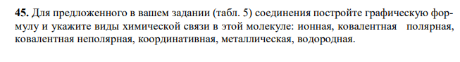 Для предложенного в вашем задании (табл. 5) соединения постройте графическую формулу и укажите виды химической связи в этой молекуле: ионная, ковалентная полярная, ковалентная неполярная, координативная, металлическая, водородная.  Таблица 5 № задания Соединения 45 гидросульфит натрия 