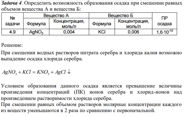 Определить возможность образования осадка при смешении равных объемов вещества А и вещества Б: 