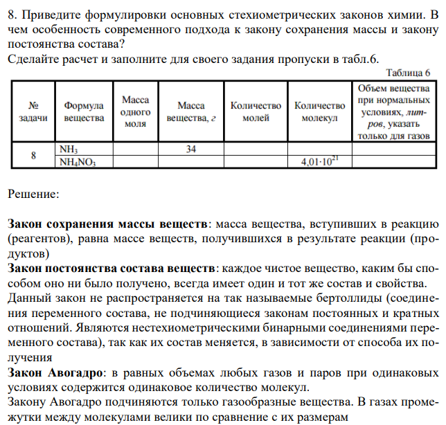  Приведите формулировки основных стехиометрических законов химии. В чем особенность современного подхода к закону сохранения массы и закону постоянства состава? Сделайте расчет и заполните для своего задания пропуски в табл.6.  