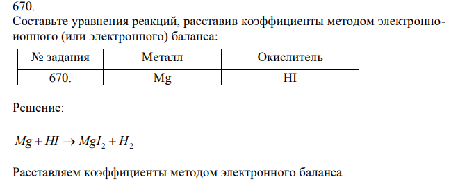 Составьте уравнения реакций, расставив коэффициенты методом электронноионного (или электронного) баланса:  № задания Металл Окислитель 670. Mg HI