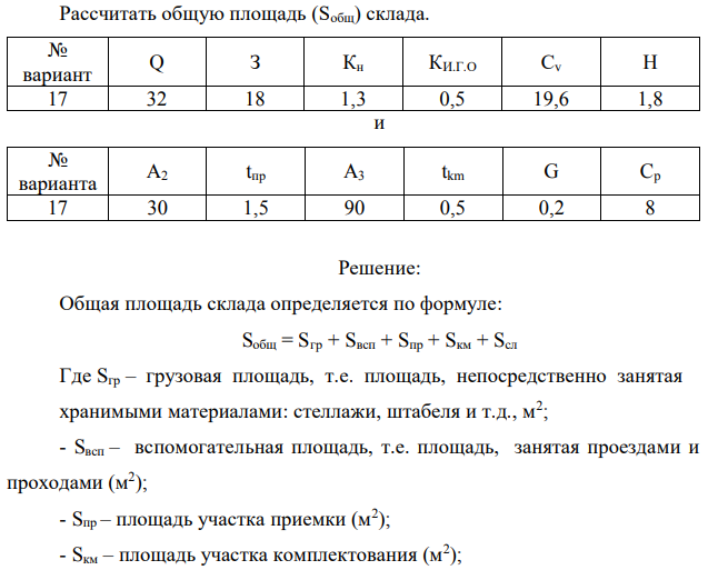 Рассчитать общую площадь (Sобщ) склада. 