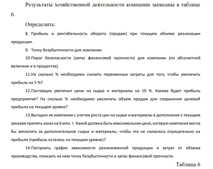  Результаты хозяйственной деятельности компании записаны в таблице 6. Определить: 8. Прибыль и рентабельность оборота (продаж) при текущем объеме реализации продукции. 9. Точку безубыточности для компании. 10.Порог безопасности (запас финансовой прочности) для компании (по абсолютной величине и в процентах). 11.На сколько % необходимо снизить переменные затраты для того, чтобы увеличить прибыль на 5 %? 12.Поставщик увеличил цены на сырье и материалы на 10 %. Какова будет прибыль предприятия? На сколько % необходимо увеличить объем продаж для сохранения целевой прибыли на текущем уровне? 13.Выгодно ли компании с учетом роста цен на сырье и материалы в дополнение к текущим заказам принять заказ на 6 млн. т. Какой должна быть максимальная цена, которую компания могла бы заплатить за дополнительное сырье и материалы, чтобы это не сказалось отрицательно на прибыли (прибыль осталась на текущем уровне)? 14.Построить график зависимости реализованной продукции и затрат от объема производства, показать на нем точку безубыточности и запас финансовой прочности. Таблица 6 Исходные данные к задаче 3 Показатели Значения показателей по вариантам 25 Текущий объем продаж, млн.т./месс 68 Максимальная мощность, млн.т/месс 79 Цена реализации руб./т 750 Переменные затраты: Стоимость сырья и материалов, руб./т 135 Оплата труда основного производственного персонала, руб./т 111 Стоимость электроэнергии, руб./т 291 Постоянные затраты: Маркетинговые расходы, млн. руб./мес. 5500 Административные расходы, млн. руб./мес. 3200 Общецеховые расходы, млн. руб./мес. 2800 