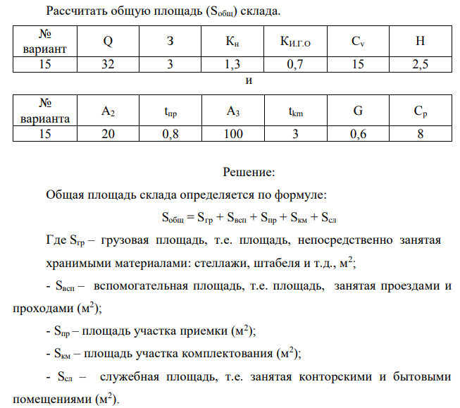 Рассчитать общую площадь (Sобщ) склада. 