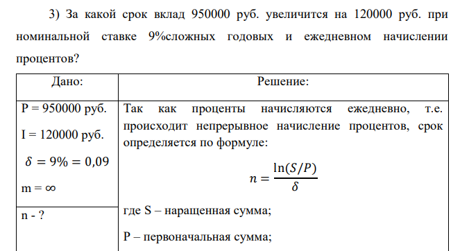  За какой срок вклад 950000 руб. увеличится на 120000 руб. при номинальной ставке 9%сложных годовых и ежедневном начислении процентов? 