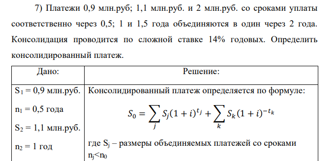  Платежи 0,9 млн.руб; 1,1 млн.руб. и 2 млн.руб. со сроками уплаты соответственно через 0,5; 1 и 1,5 года объединяются в один через 2 года. Консолидация проводится по сложной ставке 14% годовых. Определить консолидированный платеж. 