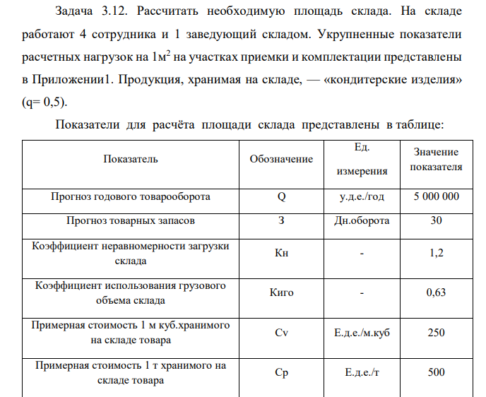  Рассчитать необходимую площадь склада. На складе работают 4 сотрудника и 1 заведующий складом. Укрупненные показатели расчетных нагрузок на 1м2 на участках приемки и комплектации представлены в Приложении1. Продукция, хранимая на складе, — «кондитерские изделия» (q= 0,5). Показатели для расчёта площади склада представлены в таблице: Показатель Обозначение Ед. измерения Значение показателя Прогноз годового товарооборота Q у.д.е./год 5 000 000 Прогноз товарных запасов З Дн.оборота 30 Коэффициент неравномерности загрузки склада Кн - 1,2 Коэффициент использования грузового объема склада Киго - 0,63 Примерная стоимость 1 м куб.хранимого на складе товара Cv Е.д.е./м.куб 250 Примерная стоимость 1 т хранимого на складе товара Ср Е.д.е./т 500 Высота укладки грузов на хранение (стеллаж) H М 5,5 Доля товаров, проходящих через участок приемки склада A2 % 60 Доля товаров, подлежащих комплектации на складе A3 % 50 Доля товаров, проходящих через отправочную экспедицию А4 % 70 Укрупненный показатель расчетных нагрузок на 1 кв.м на участках приемки и комплектования Q т/м.кв. 0,5 Укрупненный показатель расчетных нагрузок на 1 кв.м экспедиций Qэ т/м.кв. 0,5 Время нахождения товара на участке приемки Tпр Дней 0,5 Время нахождения товара на участке комплектования Tкм Дней 1 Время нахождения товара в приемочной экспедиции Tпэ Дней 2 Время нахождения товара в отправочной экспедиции Tоэ Дней 1 