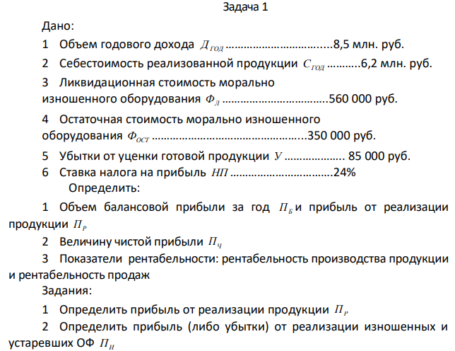  Дано: 1 Объем годового дохода ДГОД ………………………….....8,5 млн. руб. 2 Себестоимость реализованной продукции СГОД ………..6,2 млн. руб. 3 Ликвидационная стоимость морально изношенного оборудования ФЛ ……………………………..560 000 руб. 4 Остаточная стоимость морально изношенного оборудования ФОСТ …………………………………………...350 000 руб. 5 Убытки от уценки готовой продукции У ……………….. 85 000 руб. 6 Ставка налога на прибыль НП …………………………….24%  Определить: 1 Объем балансовой прибыли за год ПБ и прибыль от реализации продукции ПР 2 Величину чистой прибыли ПЧ 3 Показатели рентабельности: рентабельность производства продукции и рентабельность продаж Задания: 1 Определить прибыль от реализации продукции ПР 2 Определить прибыль (либо убытки) от реализации изношенных и устаревших ОФ ПИ 116 3 Определить прибыль (либо убытки) от выполнения разного рода внереализационных операций ПВ.О. 4 Определить состав балансовой прибыли ПБ 5 Определить величину чистой прибыли ПЧ 6 Выполнить расчет показателей рентабельности. 7 В заключении следует:  ответить: что способствовало росту либо снижению прибыли?  пояснить: на что указывает показатель рентабельности?  ответить: при каких условиях возможен рост показателя рентабельности производства и рентабельности продаж 