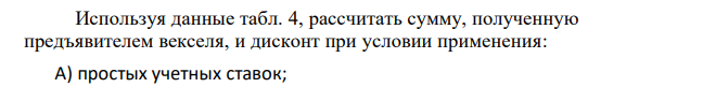 Используя данные табл. 4, рассчитать сумму, полученную предъявителем векселя, и дисконт при условии применения: А) простых учетных ставок; 0 5000 10000 15000 20000 25000 1 2 Наращенная сумма Наращенная сумма с учетом инфляции 163 Б) сложных учетных ставок, ежемесячного дисконтирования. Для условия А определить значение эквивалентной простой ставки процентов, для условия Б - эффективной учетной ставки. Построить графики дисконтирования по простой и сложной учетной ставке. 