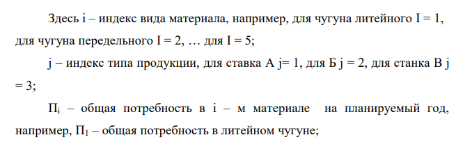  Рассчитать потребность машиностроительного завода в указанных в таблице материалах на плановый период. Завод традиционно выпускает станки двух типов – А и Б, кроме того в плановом периоде предполагается освоить производство станка типа В. Производственная программа предусматривает следующие объемы выпуска: станок А – X1 шт.; станок Б – X2 шт.; станок В – X3 шт. Данные по изменению объема незавершенного производства на планируемый год следующие: станок А – (+∆1); станок Б – (-∆2). Единица измерения – полный станко-комплект деталей и узлов собственного изготовления. Нормы расхода материалов в тоннах на единицу по станкам А и Б приведены в табл. 1.1. Нормы для станка В пока не рассчитаны, однако,  учитывая, что он является модификацией станка А и легче его на 10%, для него следует принять соответственно скорректированные (уменьшенные на 10%) нормы для станка А. Таблица 1.1 Наименование материала Станки Тип А Тип Б Тип В (А-10%) 6. Чугун литейный 0,4 0,25 0,36 7. Чугун передельный 0,1 0,06 0,09 8. Сталь 45 0,18 0,15 0,162 9. Сталь 50 0,12 0,1 0,108 10.Ферросилиций 0,008 0,005 0,0072 Необходимо рассчитать на плановый период суммарную потребность по каждому виду материалов, учитывающую товарный выпуск, изменение незавершенного производства (потребность в материалах на1 станкокомплект незавершенного производства (НЗП) принять равным расходу на готовый станок) и ремонтно-эксплуатационные нужды. В предыдущем году на последние было израсходовано Y % от потребности на товарный выпуск и изменение НЗП. На плановый год установлено задание по относительной экономии материалов, используемых на эти нужды, на Z %. № варианта Х1 Х2 Х3 ∆1 ∆2 Y Z 2 150 240 15 15 20 5 10 