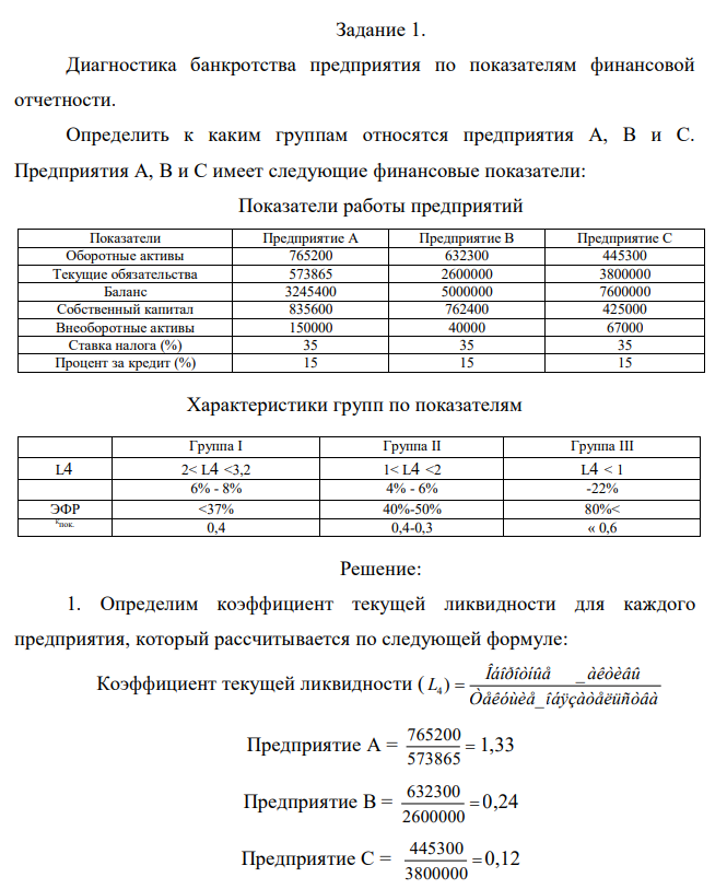  Диагностика банкротства предприятия по показателям финансовой отчетности. Определить к каким группам относятся предприятия А, В и С. Предприятия А, В и С имеет следующие финансовые показатели: 