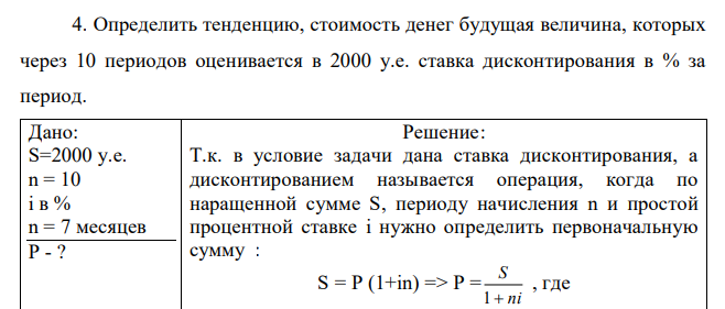  Определить тенденцию, стоимость денег будущая величина, которых через 10 периодов оценивается в 2000 у.е. ставка дисконтирования в % за период 