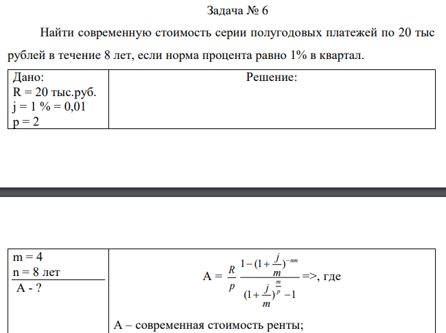 Найти современную стоимость серии полугодовых платежей по 20 тыс рублей в течение 8 лет, если норма процента равно 1% в квартал.