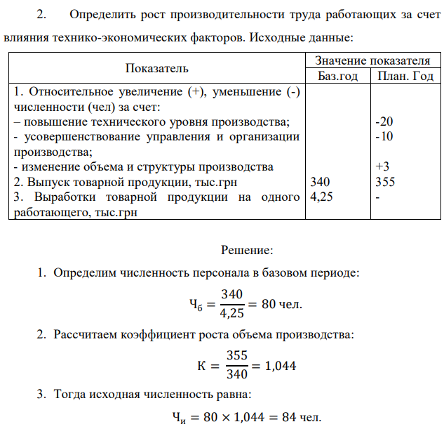 Определить рост производительности труда работающих за счет влияния технико-экономических факторов. Исходные данные: Показатель Значение показателя Баз.год План. Год 1. Относительное увеличение (+), уменьшение (-) численности (чел) за счет: – повышение технического уровня производства; - усовершенствование управления и организации производства; - изменение объема и структуры производства 2. Выпуск товарной продукции, тыс.грн 3. Выработки товарной продукции на одного работающего, тыс.грн 340 4,25 -20 -10 +3 355 - 