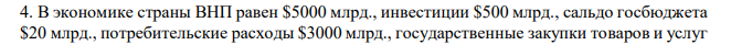 В экономике страны ВНП равен $5000 млрд., инвестиции $500 млрд., сальдо госбюджета $20 млрд., потребительские расходы $3000 млрд., государственные закупки товаров и услуг  $900 млрд. Определить чистый экспорт, чистые налоги, располагаемый доход, частные сбережения. 
