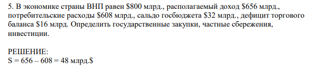 В экономике страны ВНП равен $800 млрд., располагаемый доход $656 млрд., потребительские расходы $608 млрд., сальдо госбюджета $32 млрд., дефицит торгового баланса $16 млрд. Определить государственные закупки, частные сбережения, инвестиции. 