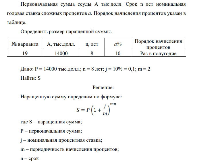  Первоначальная сумма ссуды А тыс.долл. Срок n лет номинальная годовая ставка сложных процентов а. Порядок начисления процентов указан в таблице. Определить размер наращенной суммы. № варианта А, тыс.долл. n, лет а% Порядок начисления процентов 19 14000 8 10 Раз в полугодие 