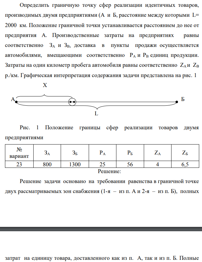Определить граничную точку сфер реализации идентичных товаров, производимых двумя предприятиями (А и Б, расстояние между которыми L= 2000 км. Положение граничной точки устанавливается расстоянием до нее от предприятия А. Производственные затраты на предприятиях равны соответственно ЗA и ЗВ, доставка в пункты продажи осуществляется автомобилями, вмещающими соответственно PА и РВ единиц продукции. Затраты на один километр пробега автомобиля равны соответственно ZА и ZВ р./км. Графическая интерпретация содержания задачи представлена на рис. 1 