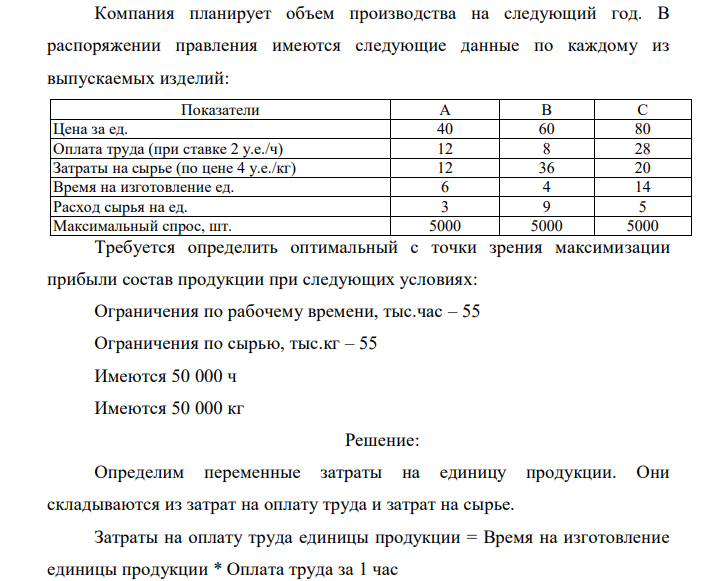 Компания планирует объем производства на следующий год. В распоряжении правления имеются следующие данные по каждому из выпускаемых изделий: Требуется определить оптимальный с точки зрения максимизации прибыли состав продукции при следующих условиях: Ограничения по рабочему времени, тыс.час – 55 Ограничения по сырью, тыс.кг – 55 Имеются 50 000 ч Имеются 50 000 кг   