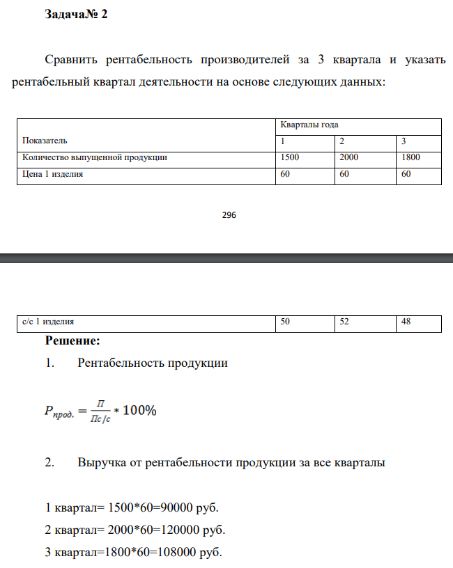  Сравнить рентабельность производителей за 3 квартала и указать рентабельный квартал деятельности на основе следующих данных:  