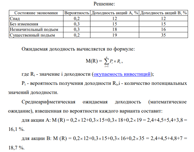 Имеются данные о ценных бумагах производственных компаний А и В: Состояние экономики Доходность акций А, % Доходность акций В, % Спад 12 12 Без изменения 15 15 Незначительный подъем 18 16 Существенный подъем 19 35. Вероятность состояния экономики приведена в таблице: Состояние экономики Значение Спад 0,2 Без изменения 0,3 Незначительный подъем 0,3 Существенный подъем 0,2 Необходимо рассчитать ожидаемую и среднюю доходность акций и показатели риска. Какая ценная бумага более предпочтительная для инвестирования и почему? 