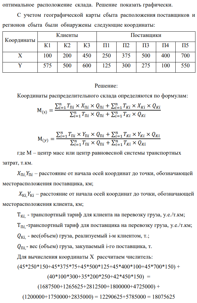 Фирма, занимаясь реализацией продукции на рынках сбыта К1, К2, К3, имеет постоянных поставщиков П1, П2, П3, П4, П5 в различных регионах. Увеличение объема продаж заставляет фирму поднять вопрос о строительстве нового распределительного склада, обеспечивающего продвижение товара на новые рынки и бесперебойное снабжение своих клиентов. Тариф для поставщиков на перевозку продукции на склад составляет45 руб./км, а тарифы для клиентов на перевозку продукции со склада равны: для К1 — 40 руб./км, для К2 — 35 руб./км, для К3 — 42 руб./км. Поставщики осуществляют среднюю партию поставки в размере: П1 — 150 т, П2 — 75 т, П3 — 125 т, П4 — 100 т, П5 — 150 т. Партия поставки при реализации клиентам равна: К1 — 300 т, К2 — 250 т, К3 — 150 т. Определите 248 оптимальное расположение склада. Решение показать графически. С учетом географической карты сбыта расположения поставщиков и регионов сбыта были обнаружены следующие координаты: 