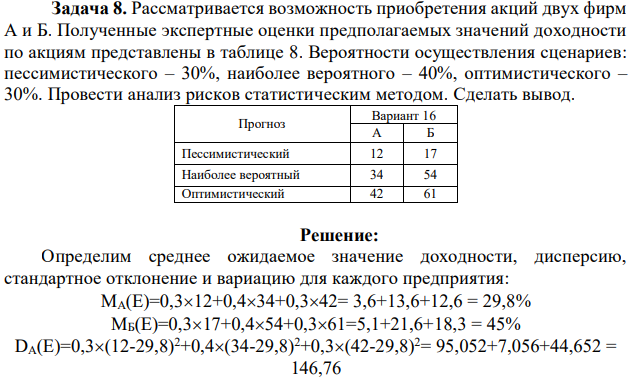 Рассматривается возможность приобретения акций двух фирм А и Б. Полученные экспертные оценки предполагаемых значений доходности по акциям представлены в таблице 8. Вероятности осуществления сценариев: пессимистического – 30%, наиболее вероятного – 40%, оптимистического – 30%. Провести анализ рисков статистическим методом. Сделать вывод. 