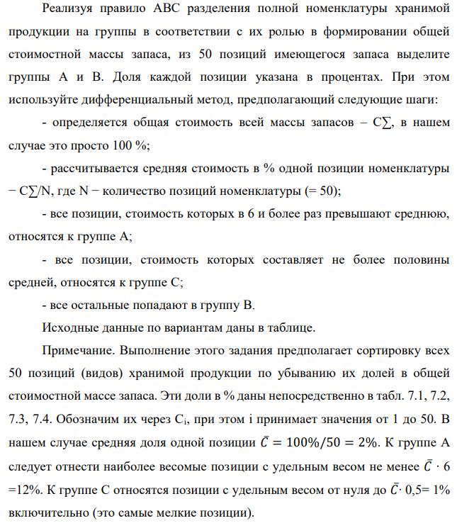 Реализуя правило АВС разделения полной номенклатуры хранимой продукции на группы в соответствии с их ролью в формировании общей стоимостной массы запаса, из 50 позиций имеющегося запаса выделите группы А и В. Доля каждой позиции указана в процентах. При этом используйте дифференциальный метод, предполагающий следующие шаги: - определяется общая стоимость всей массы запасов – С∑, в нашем случае это просто 100 %; - рассчитывается средняя стоимость в % одной позиции номенклатуры − С∑/N, где N − количество позиций номенклатуры (= 50); - все позиции, стоимость которых в 6 и более раз превышают среднюю, относятся к группе А; - все позиции, стоимость которых составляет не более половины средней, относятся к группе С; - все остальные попадают в группу В. Исходные данные по вариантам даны в таблице. Примечание. Выполнение этого задания предполагает сортировку всех 50 позиций (видов) хранимой продукции по убыванию их долей в общей стоимостной массе запаса. Эти доли в % даны непосредственно в табл. 7.1, 7.2, 7.3, 7.4. Обозначим их через Ci, при этом i принимает значения от 1 до 50. В нашем случае средняя доля одной позиции 𝐶̅= 100%/50 = 2%. К группе А следует отнести наиболее весомые позиции с удельным весом не менее 𝐶̅∙ 6 =12%. К группе С относятся позиции с удельным весом от нуля до 𝐶̅∙ 0,5= 1% включительно (это самые мелкие позиции)  Все остальные позиции с удельным весом от 1% исключительно до 12% исключительно относятся к группе В (средней по экономической значимости в задачах управления запасами). В случае нашего задания, как и в большинстве практических ситуаций, группа А является самой малочисленной (обычно 2÷3 позиции), группа С, наоборот, обычно не менее 2/3 от всСех позиций. Поэтому в ответе рекомендуется привести состав только для групп А и В. 