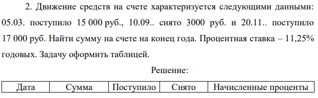 Движение средств на счете характеризуется следующими данными: 05.03. поступило 15 000 руб., 10.09.. снято 3000 руб. и 20.11.. поступило 17 000 руб. Найти сумму на счете на конец года. Процентная ставка – 11,25% годовых. Задачу оформить таблицей. 