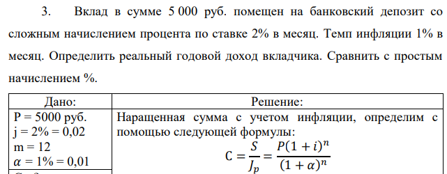 Вклад в сумме 5 000 руб. помещен на банковский депозит со сложным начислением процента по ставке 2% в месяц. Темп инфляции 1% в месяц. Определить реальный годовой доход вкладчика. Сравнить с простым начислением %.  