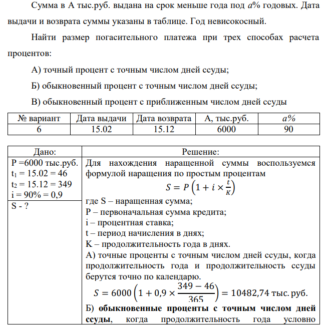 Сумма в А тыс.руб. выдана на срок меньше года под а% годовых. Дата выдачи и возврата суммы указаны в таблице. Год невисокосный. Найти размер погасительного платежа при трех способах расчета процентов: А) точный процент с точным числом дней ссуды; Б) обыкновенный процент с точным числом дней ссуды; В) обыкновенный процент с приближенным числом дней ссуды 