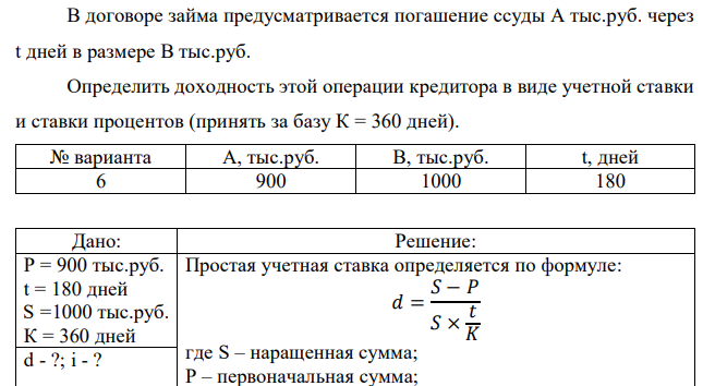 В договоре займа предусматривается погашение ссуды А тыс.руб. через t дней в размере В тыс.руб. Определить доходность этой операции кредитора в виде учетной ставки и ставки процентов (принять за базу К = 360 дней). 