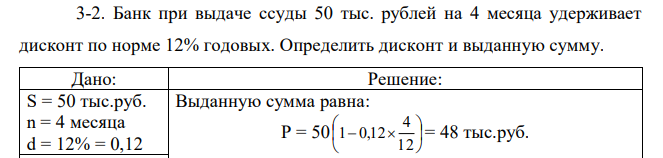 Банк при выдаче ссуды 50 тыс. рублей на 4 месяца удерживает дисконт по норме 12% годовых. Определить дисконт и выданную сумму. 