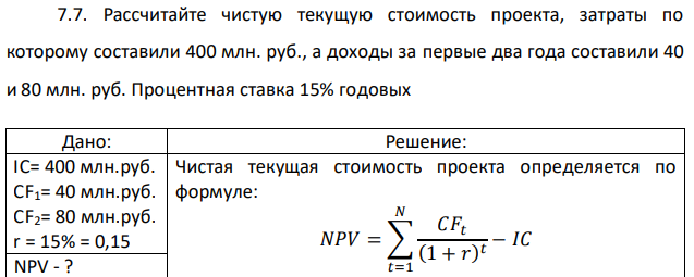 Рассчитайте чистую текущую стоимость проекта, затраты по которому составили 400 млн. руб., а доходы за первые два года составили 40 и 80 млн. руб. Процентная ставка 15% годовых