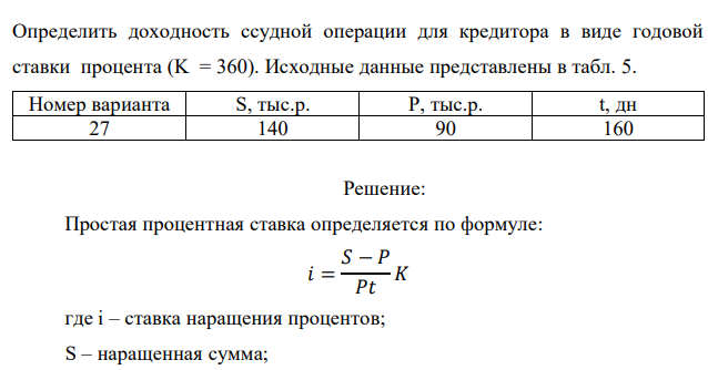 В контракте предусматривается погашение обязательства в сумме S тыс. р. через t дней. Первоначальная сумма долга – P тыс. р.  115 Определить доходность ссудной операции для кредитора в виде годовой ставки процента (K = 360). Исходные данные представлены в табл. 5 