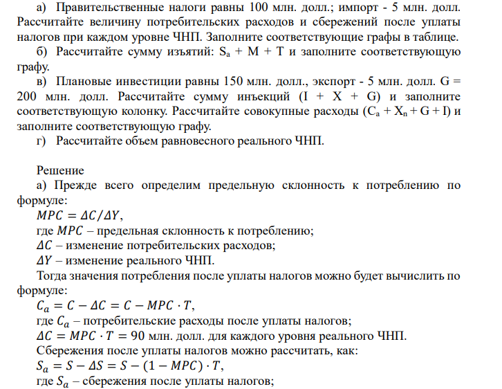 В таблице приведены данные о потребительских расходах и сбережениях,
соответствующих конкретным уровням чистого национального продукта (в млн.
долл.).
Реальный
ЧНП С S Са Sа Sа+M+T I+Х +G Са+Хn
+G+I
1500 1250 250
1600 1340 260
1700 1430 270
1800 1520 280
1900 1610 290
2000 1700 300
2100 1790 310