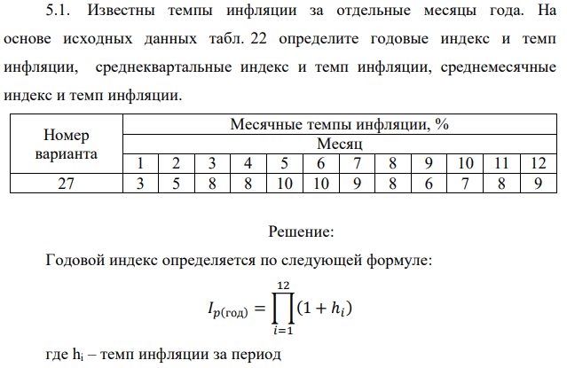 Известны темпы инфляции за отдельные месяцы года. На основе исходных данных табл. 22 определите годовые индекс и темп инфляции, среднеквартальные индекс и темп инфляции, среднемесячные индекс и темп инфляции. 