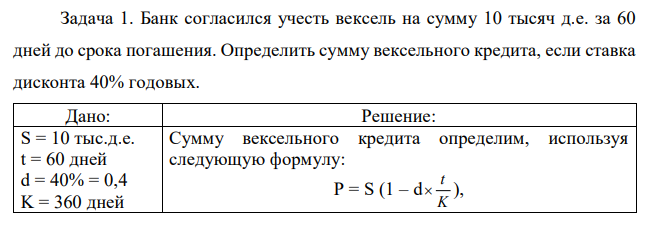 Банк согласился учесть вексель на сумму 10 тысяч д.е. за 60 дней до срока погашения. Определить сумму вексельного кредита, если ставка дисконта 40% годовых. 