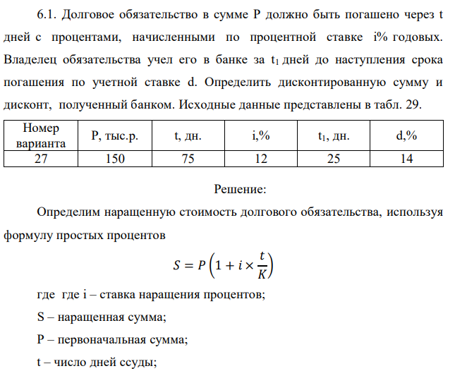 Долговое обязательство в сумме Р должно быть погашено через t дней с процентами, начисленными по процентной ставке i% годовых. Владелец обязательства учел его в банке за t1 дней до наступления срока погашения по учетной ставке d. Определить дисконтированную сумму и дисконт, полученный банком. Исходные данные представлены в табл. 29.