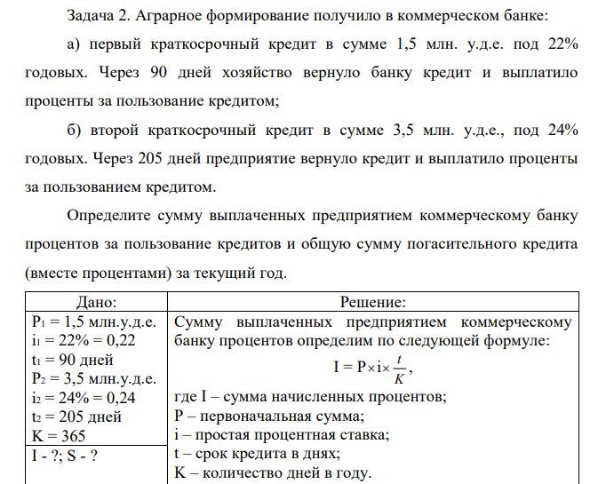 Аграрное формирование получило в коммерческом банке: а) первый краткосрочный кредит в сумме 1,5 млн. у.д.е. под 22% годовых. Через 90 дней хозяйство вернуло банку кредит и выплатило проценты за пользование кредитом; б) второй краткосрочный кредит в сумме 3,5 млн. у.д.е., под 24% годовых. Через 205 дней предприятие вернуло кредит и выплатило проценты за пользованием кредитом. Определите сумму выплаченных предприятием коммерческому банку процентов за пользование кредитов и общую сумму погасительного кредита (вместе процентами) за текущий год.