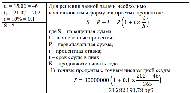 Ссуда в размере 30 000 000 руб. выдана с 15.02.по 21.07. включительно под 10% годовых (простые %). Найти размер погасительного платежа тремя способами начисления процентов 