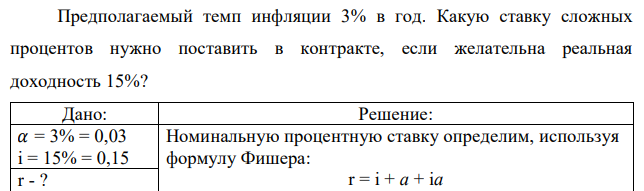 Предполагаемый темп инфляции 3% в год. Какую ставку сложных процентов нужно поставить в контракте, если желательна реальная доходность 15%?