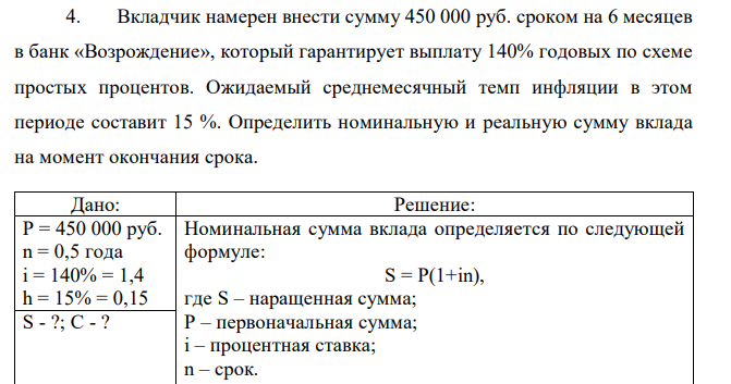 Вкладчик намерен внести сумму 450 000 руб. сроком на 6 месяцев в банк «Возрождение», который гарантирует выплату 140% годовых по схеме простых процентов. Ожидаемый среднемесячный темп инфляции в этом периоде составит 15 %. Определить номинальную и реальную сумму вклада на момент окончания срока. 