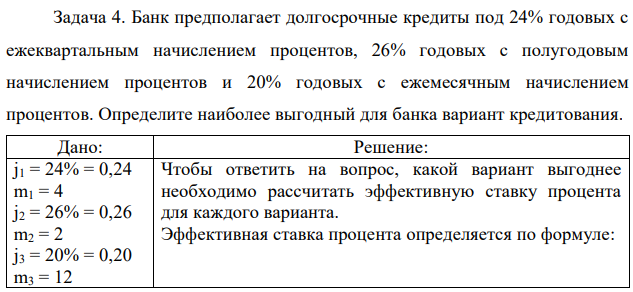 Банк предполагает долгосрочные кредиты под 24% годовых с ежеквартальным начислением процентов, 26% годовых с полугодовым начислением процентов и 20% годовых с ежемесячным начислением процентов. Определите наиболее выгодный для банка вариант кредитования.  