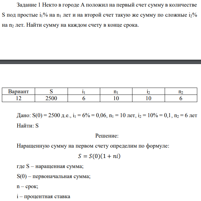 Некто в городе А положил на первый счет сумму в количестве S под простые i1% на n1 лет и на второй счет такую же сумму по сложные i2% на n2 лет. Найти сумму на каждом счету в конце срока.  Дано: S(0) = 2500 д.е., i1 = 6% = 0,06, n1 = 10 лет, i2 = 10% = 0,1, n2 = 6 лет Найти: S 